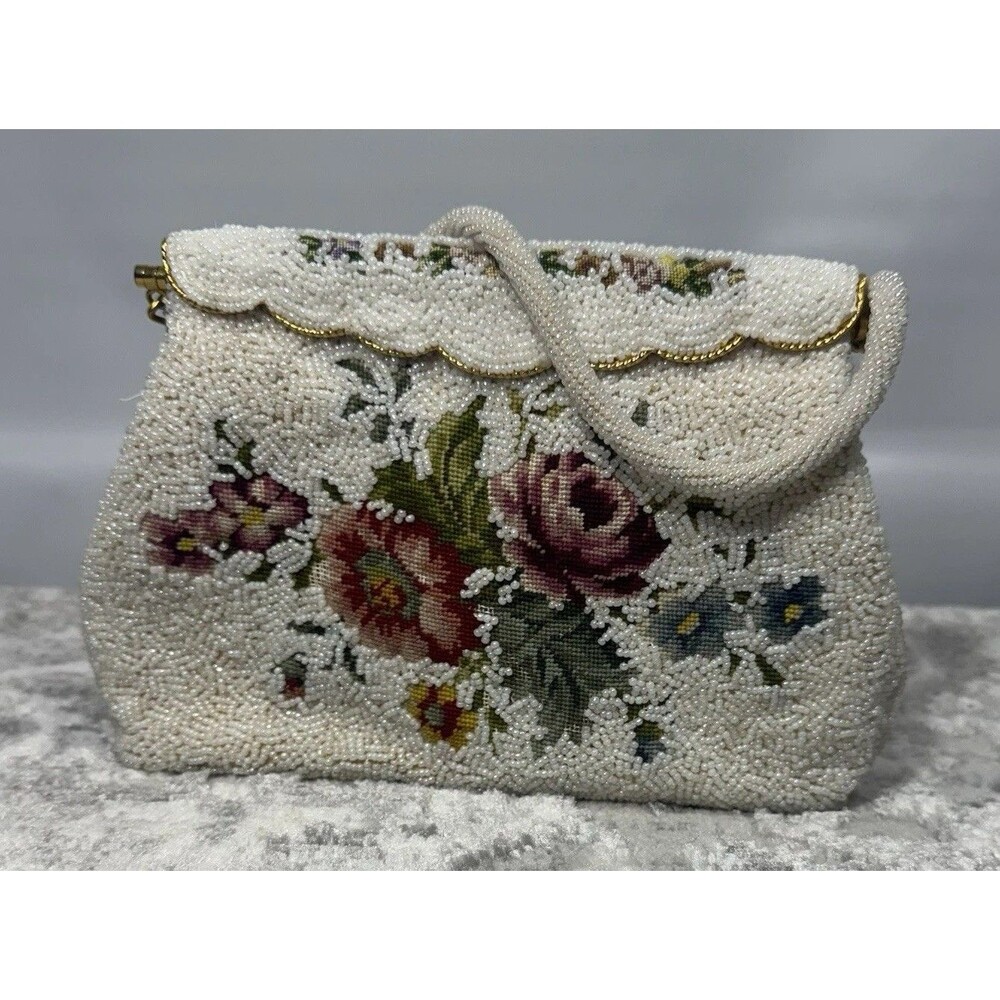 Vtg Hand Made Embroidered and Glass Beaded Petit Point Evening Purse Handbag